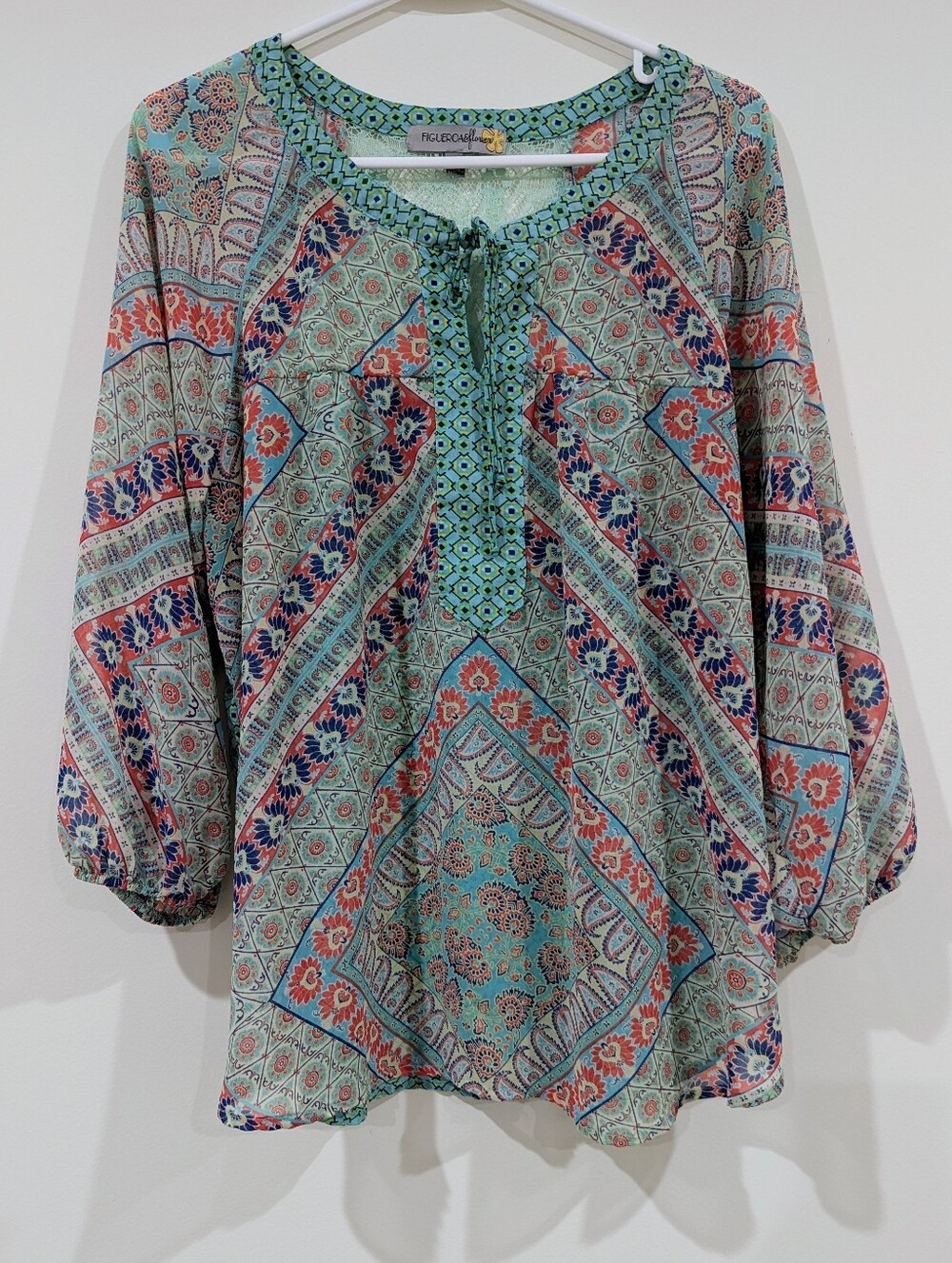 Figueroa & Flower Teal Paisley Boho Peasant Blouse